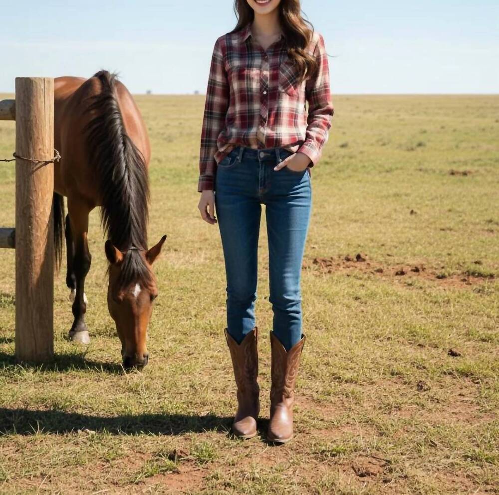 NEW SHE + SKY women's long sleeve woven plaid shirt - plus in red